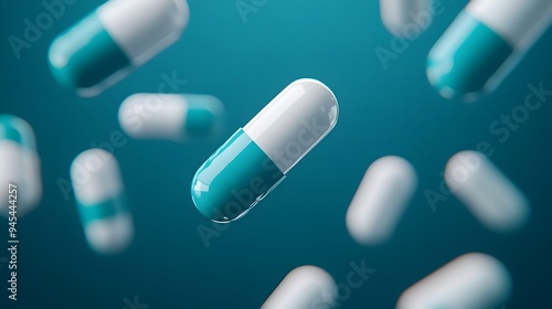 Assortment of White and Teal Pharmaceutical Capsules Floating Amidst a Teal Background