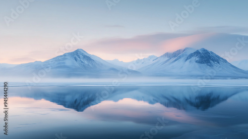 Wallpaper Mural frozen lake at dawn with snow covered mountains reflecting in the calm water under pale sky with soft pink and blue hues serene atmosphere Torontodigital.ca