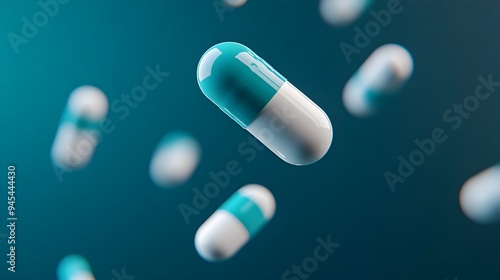 Floating medication capsules or pills on teal gradient background