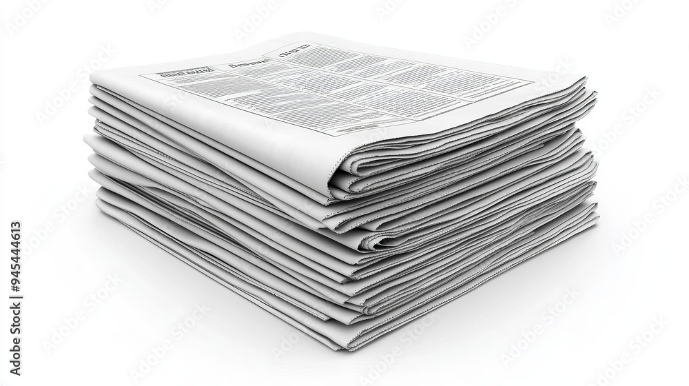 Stack of neatly arranged newspapers on a plain white background, media and information concept Stack of neatly arranged newspapers on a plain white background, media and information concept