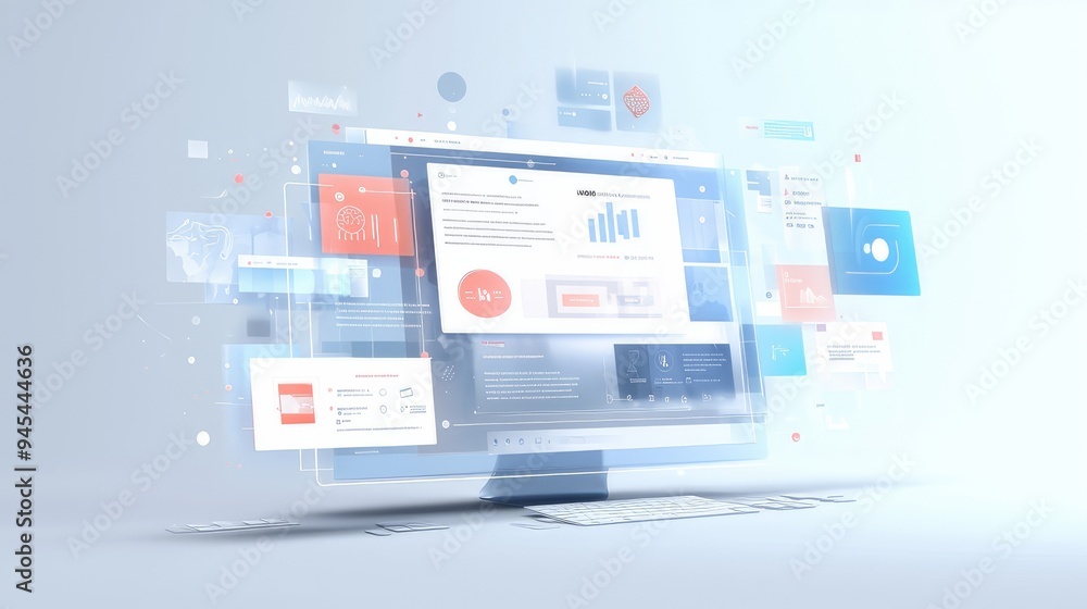 Concept of assembling a web page from modules that fly around the display. The web design studio concept page is on the display Concept of assembling a web page from modules that fly around the display. The web design studio concept page is on the display
