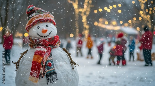 A charming snowman with a colorful scarf and a hat, with an orange carrot nose and coal eyes, stands at a festive evening event with people in the snowy background.