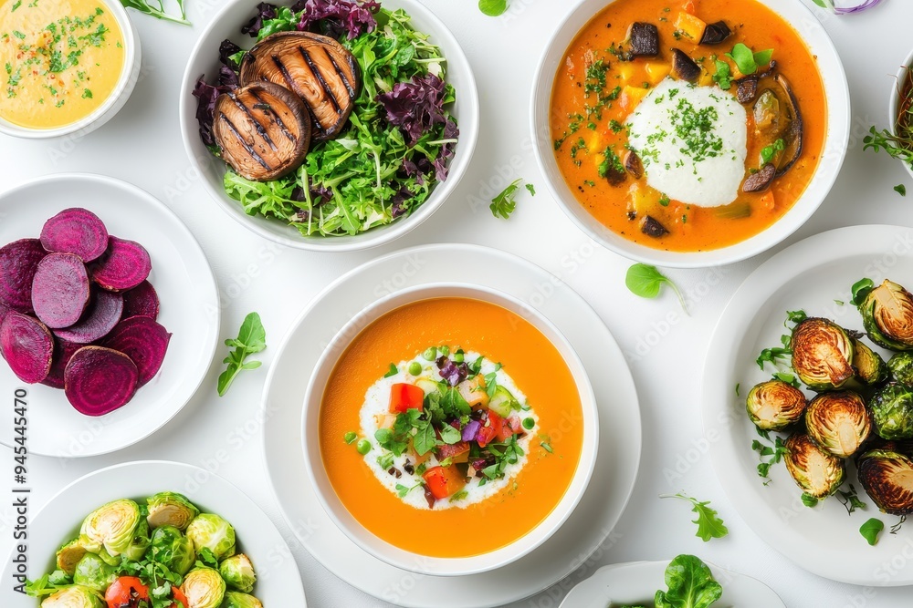 A vibrant spread of healthy dishes including soups, salads, and roasted vegetables. A vibrant spread of healthy dishes including soups, salads, and roasted vegetables.