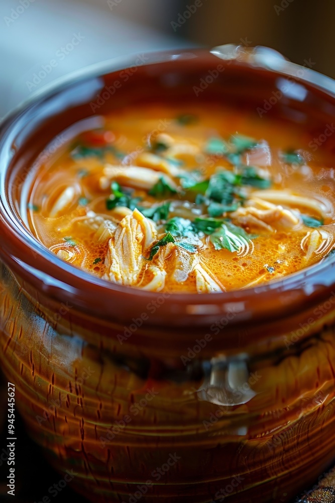 Close-Up Spicy Chicken Noodle Soup Simmering in Rustic Bowl, Perfect for Comfort Food Photography Close-Up Spicy Chicken Noodle Soup Simmering in Rustic Bowl, Perfect for Comfort Food Photography