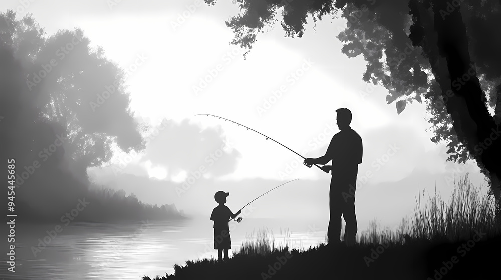 Silhouette of Father and Son Fishing Together by the Water’s Edge, Reflections on Calm Water, Black-and-White Scene, Parent-Child Bonding in Nature, Tranquil Outdoor Activity