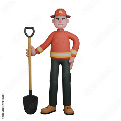 Male Firefighter 3D Illustration. A firefighter is standing holding a shovel in his right hand. Professional