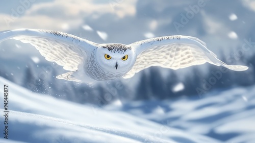 A majestic snowy owl glides over a wintery landscape, showcasing its powerful wings and intense gaze, set against a backdrop of snow and distant pine trees. photo