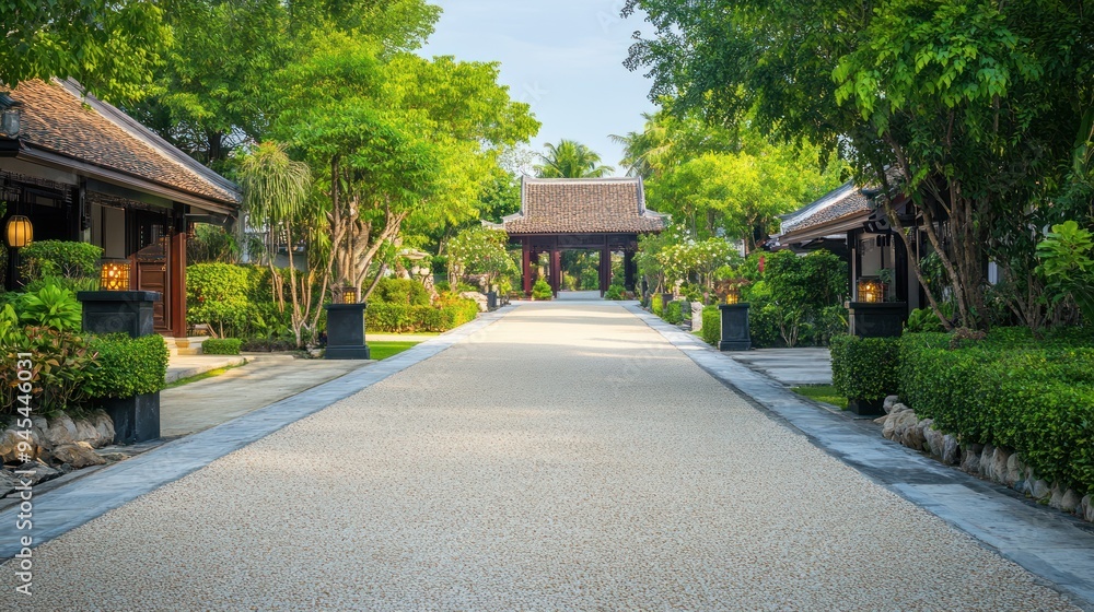 A pathway lined with lush greenery and traditional architecture leading to a serene garden. A pathway lined with lush greenery and traditional architecture leading to a serene garden.