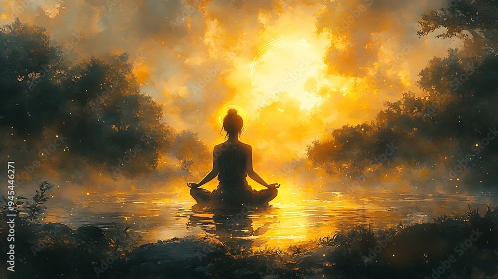 A woman meditates in a serene forest at sunset, bathed in warm light. The peaceful scene reflects the tranquility of nature. A woman meditates in a serene forest at sunset, bathed in warm light. The peaceful scene reflects the tranquility of nature.