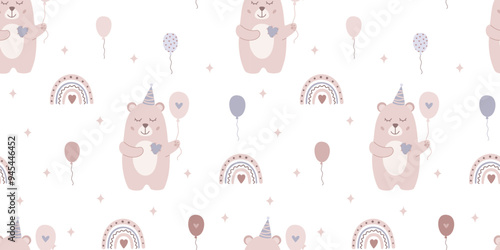 Cute childrens pattern in minimal design with lovely bear, rainbow, balloons. Vector illustration in flat style. Cartoon bohemian seamless pattern in pastel beige colors.