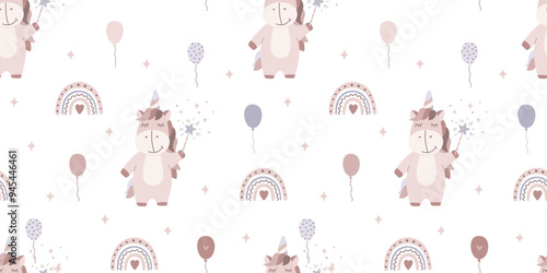 Cute childrens pattern in minimal design with unicorn, rainbow, balloons. Vector illustration in flat style. Cartoon bohemian seamless pattern in pastel beige colors.