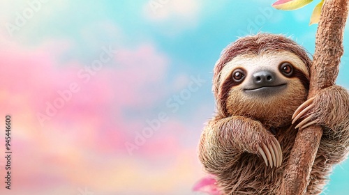 Adorable Sloth Hanging on Branch with Blurred Background.