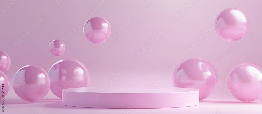 3D mockup podium in soft pink and purple hues with glossy pink spheres floating above Rendered scene for showcasing products Vertical layout 3D mockup podium in soft pink and purple hues with glossy pink spheres floating above Rendered scene for showcasing products Vertical layout