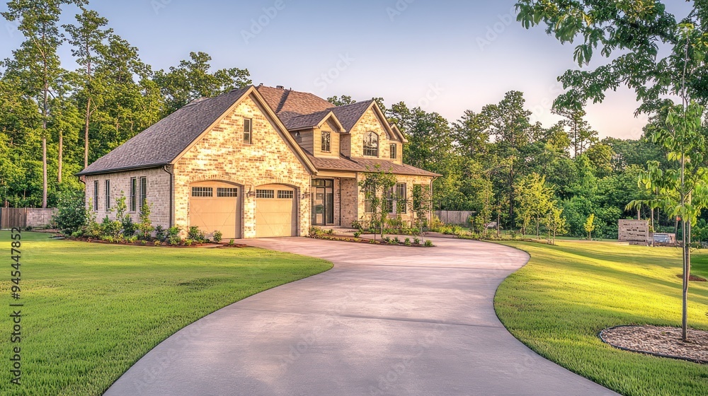 A brick house with a long driveway and green grass lawn. A brick house with a long driveway and green grass lawn.