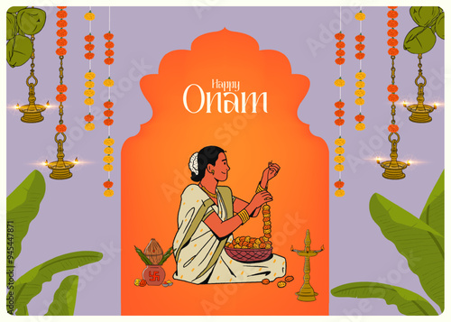 Happy Onam calligraphy with South Indian woman celebrating Onam festival editable vector illustration for the social media post, greeting card, and packaging.
 photo