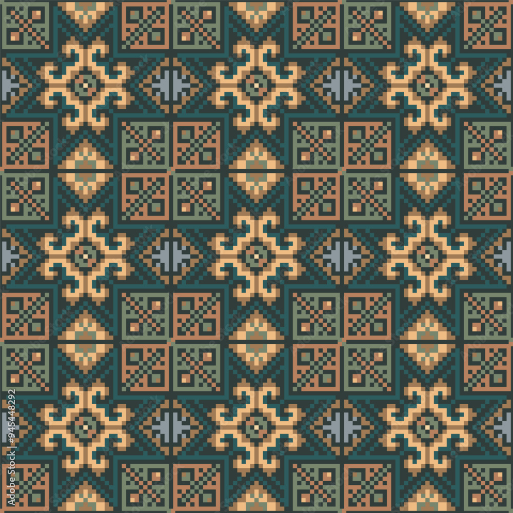 Design with intricate geometric shapes, resembling traditional embroidery or tapestry work. The use of earthy tones like green, beige, and brown gives it a warm, vintage or textile patterns. Design with intricate geometric shapes, resembling traditional embroidery or tapestry work. The use of earthy tones like green, beige, and brown gives it a warm, vintage or textile patterns.