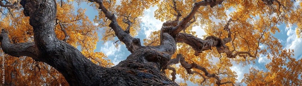 Autumn Tree Canopy with Blue Sky and White Clouds Photo Autumn Tree Canopy with Blue Sky and White Clouds Photo