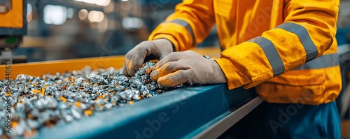 Worker sorting aluminum scraps in recycling plant.