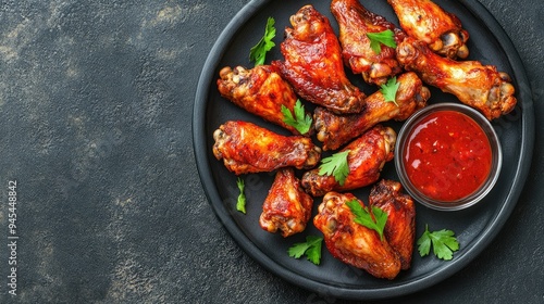 A plate of Southwest-style chicken wings with dipping sauce, top view, with copy space available.