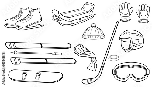drawn doodle set of winter sports