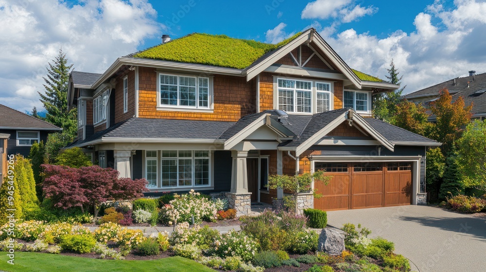 Modern suburban house with a green roof, large windows, and a manicured lawn. Modern suburban house with a green roof, large windows, and a manicured lawn.