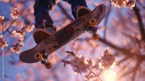 Skateboard Underneath Blooming Cherry Blossoms
