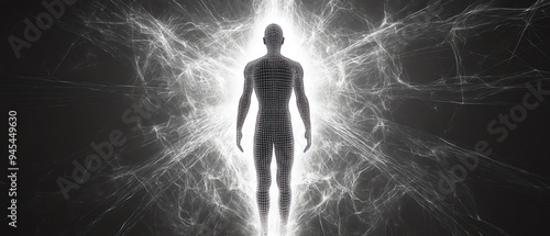 Black and white image of a human surrounded by a gridpattern electromagnetic field representing a biofield or morphogenic field High detail, intricate grid, ethereal glow photo