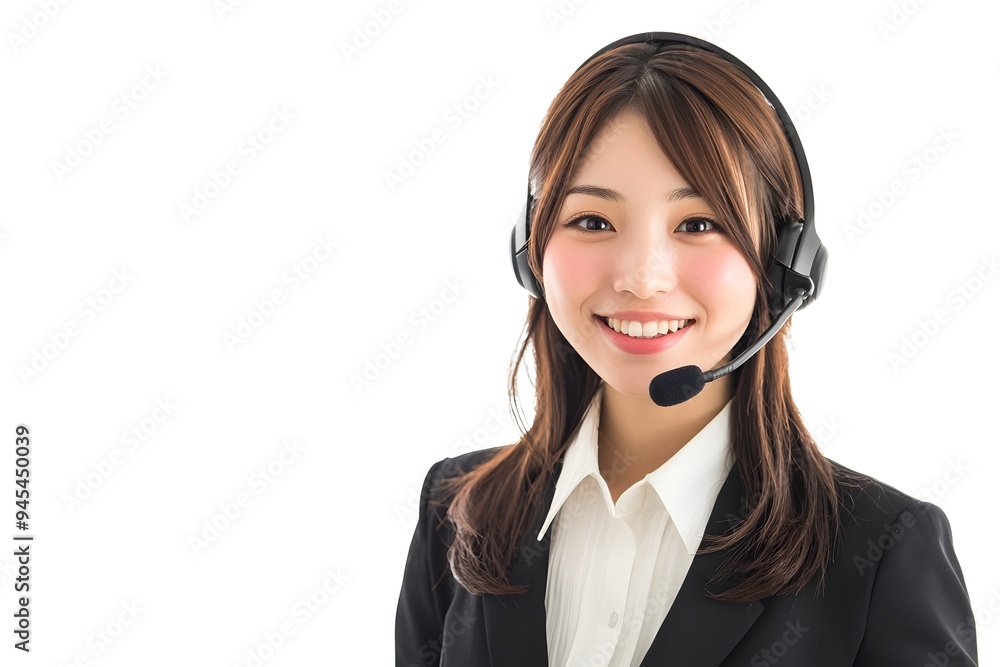 Friendly Female Customer Service Representative Wearing Headset in Office Friendly Female Customer Service Representative Wearing Headset in Office