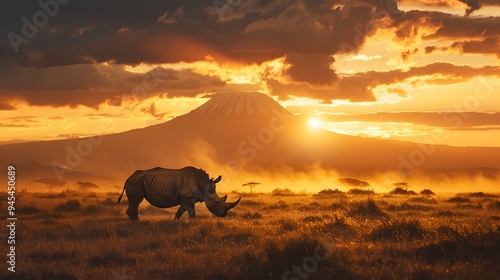 Conservation efforts to protect endangered species in the african savannah: a white rhino walking at sunset