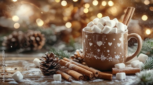 Cozy Winter Essentials: Hot Chocolate, Marshmallows, Cinnamon Sticks, and Fir Cones in Mug Top View Flat Lay