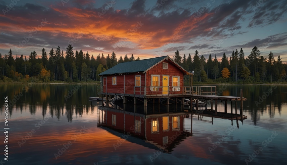 Fototapeta premium Serene Lakeside Cabin at Sunset