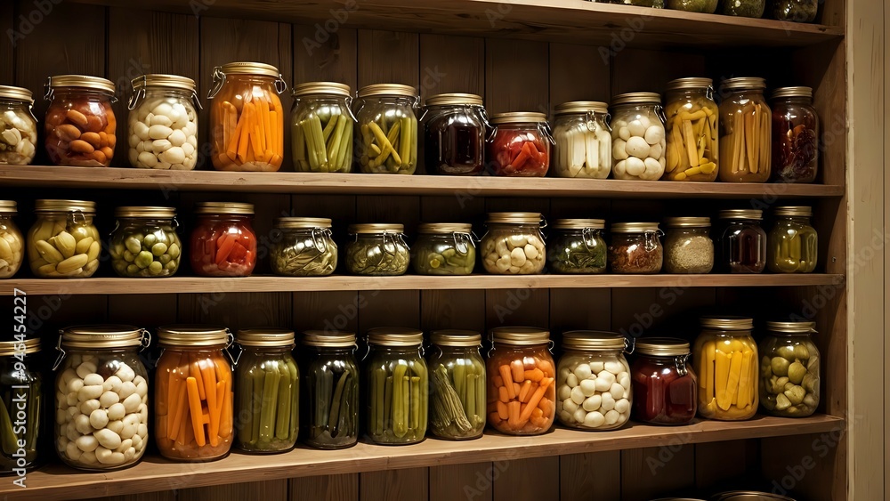 A wooden shelf overflowing with jars of preserved vegetables. A wooden shelf overflowing with jars of preserved vegetables.
