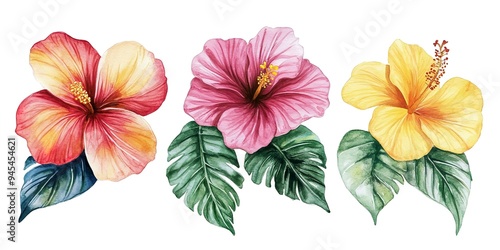 Tropical flower clipart in various colors,Clipart, watercolor illustration, Perfect for nursery art The style is handdrawn, white background