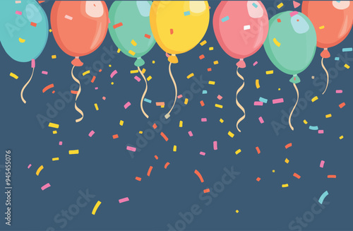 vector illustration of colorful balloons and confetti. Perfect for use in celebration invitations, party decorations, and festive event promotions.