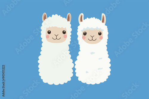 A vector illustration of two cute llamas with fluffy white fur, standing side by side. This playful and charming design is ideal for use in children's products, stationery, and decorative prints.