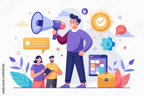 Marketing communication, announce promotion or communicate with employees, community or organization speech, loud voice or announcement concept, business people PR public relation shout on megaphone.
