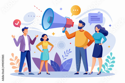 Marketing communication, announce promotion or communicate with employees, community or organization speech, loud voice or announcement concept, business people PR public relation shout on megaphone.
