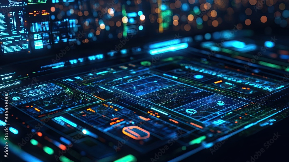 Fototapeta premium Abstract digital interface displaying football results on an online sports betting website, with ample copy space.