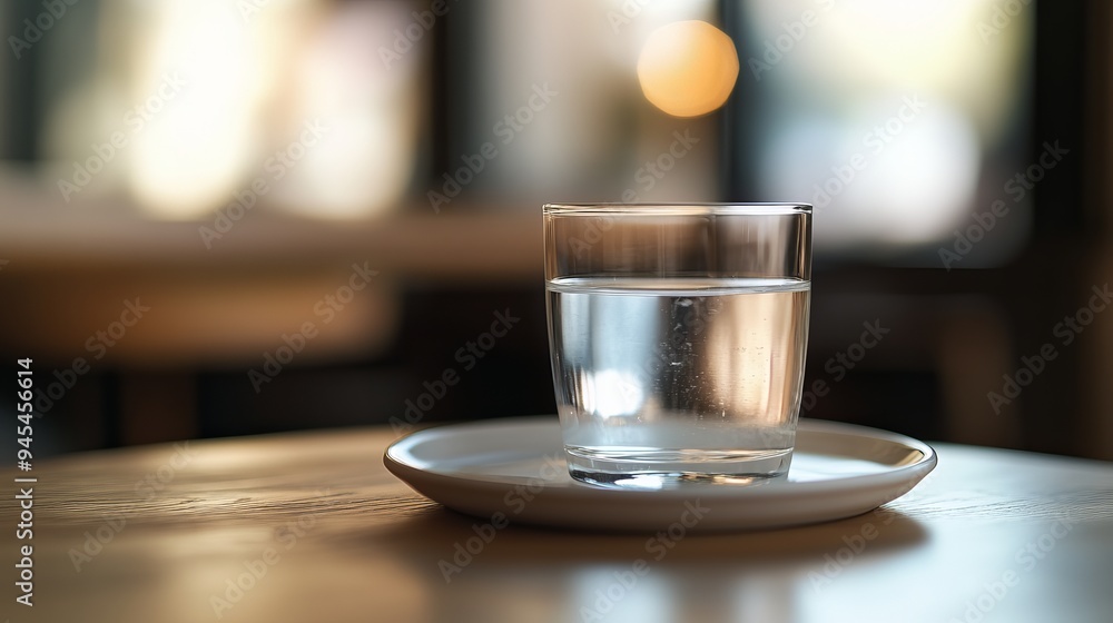 Clear glass of water on a white plate against a blurred background in a cafe Clear glass of water on a white plate against a blurred background in a cafe