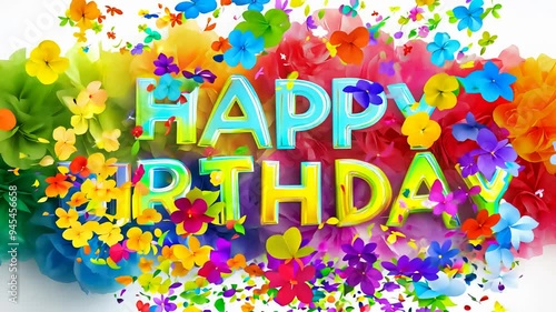 words Happy birthday text colorful sign surrounded by colorful paper flowers