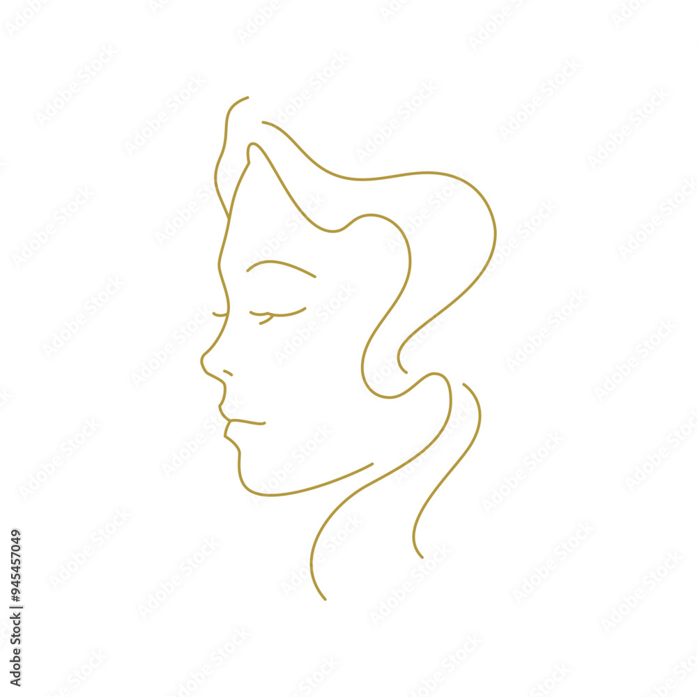 Beautiful woman portrait golden line art profile silhouette minimal icon vector illustration. Female gentle face with hair feminine print for beauty logo skin care medical cosmetic brand Beautiful woman portrait golden line art profile silhouette minimal icon vector illustration. Female gentle face with hair feminine print for beauty logo skin care medical cosmetic brand