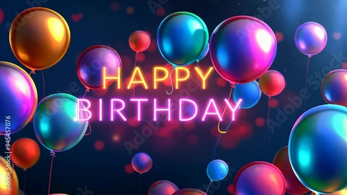 Neon text happy birthday sign surrounded by colorful balloons floating in the air with blurred bokeh effect