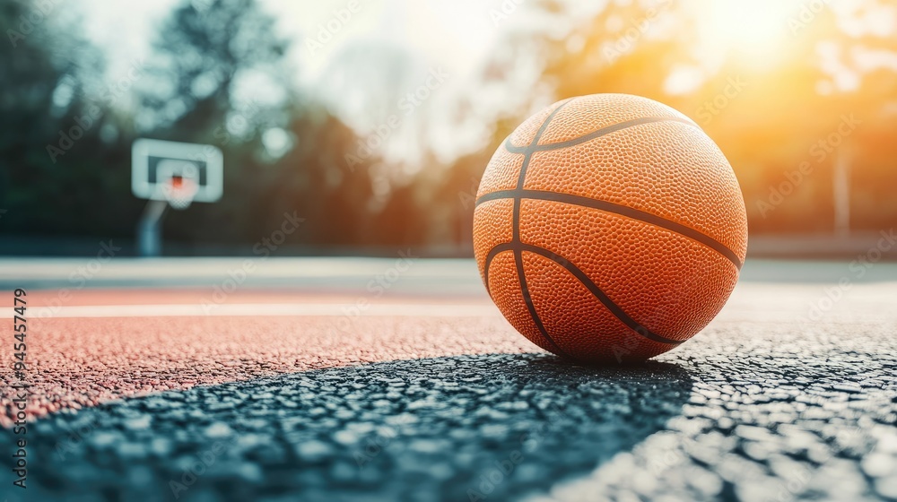 Close-up of a basketball lying on a sunlit court, highlighting texture and detail, with space for text. Close-up of a basketball lying on a sunlit court, highlighting texture and detail, with space for text.