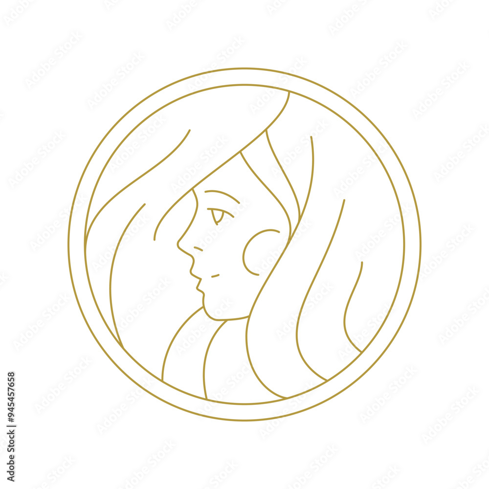 Romantic beauty woman face hair in circle frame minimal golden line art icon vector illustration. Elegant feminine young model lady round portrait logo for coiffure hairdresser makeup fashion brand Romantic beauty woman face hair in circle frame minimal golden line art icon vector illustration. Elegant feminine young model lady round portrait logo for coiffure hairdresser makeup fashion brand