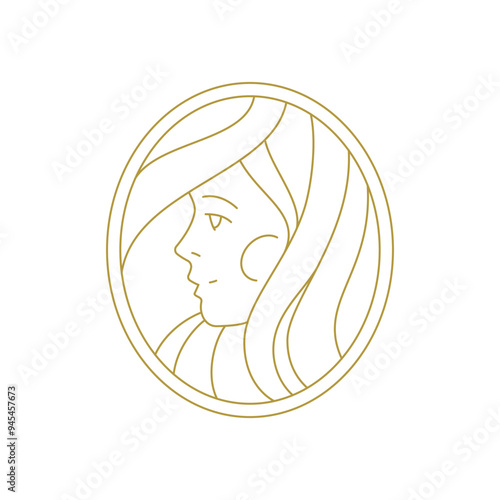 Young beauty female portrait bohemian hand drawn ellipse line art icon vector illustration. Fashion woman face with long hair minimal golden logo for spa wellness cosmetic cosmetology brand