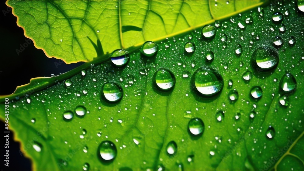 Large beautiful drops of transparent rain water on a green leaf macro. Drops of dew in the morning glow in the sun. Beautiful leaf texture in nature. Natural background Large beautiful drops of transparent rain water on a green leaf macro. Drops of dew in the morning glow in the sun. Beautiful leaf texture in nature. Natural background