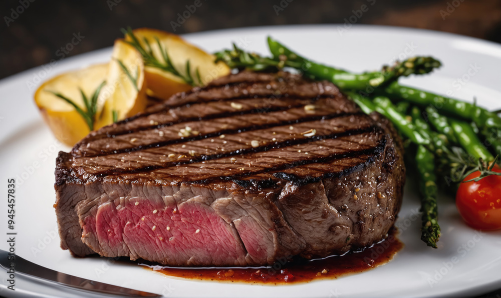 A perfectly cooked steak, medium-rare, resting on a white plate with grilled asparagus and potatoes A perfectly cooked steak, medium-rare, resting on a white plate with grilled asparagus and potatoes