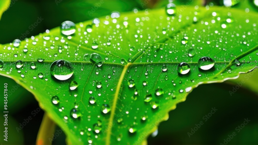 Large beautiful drops of transparent rain water on a green leaf macro. Drops of dew in the morning glow in the sun. Beautiful leaf texture in nature. Natural background Large beautiful drops of transparent rain water on a green leaf macro. Drops of dew in the morning glow in the sun. Beautiful leaf texture in nature. Natural background
