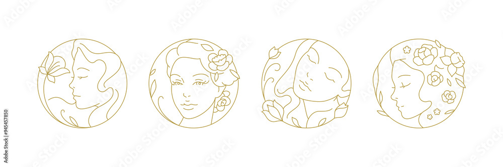 Elegant woman botanical blossom flower circle minimal golden line art icon set vector illustration. Romantic female face smell wildflower tulip round logo for makeup artist skin care therapy wellness Elegant woman botanical blossom flower circle minimal golden line art icon set vector illustration. Romantic female face smell wildflower tulip round logo for makeup artist skin care therapy wellness