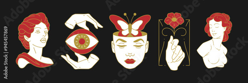Mystic beauty woman witch sacred sculpture outline icon set vector flat illustration. Mythology female bust antique goddess flower in hand butterfly head concept of wellness relaxation mysticism